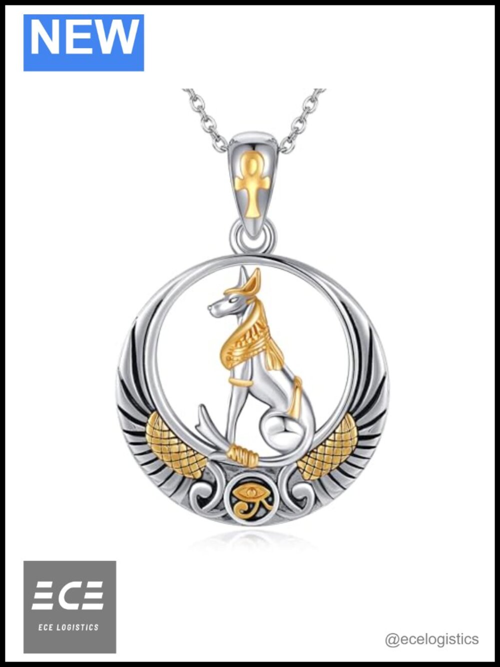 925 Sterling Silver Anubis Ankh Eye of Horus Pendant Necklace Egyptian
